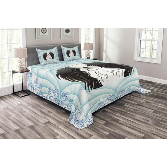 Ambesonne Dog Quilted Bedspread Set 3 Pcs, Cartoon Puppy Floral Ornate, King Size, Pale Blue Lavender Blue