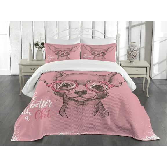 Ambesonne Dog Quilted Bedspread Set 3 Pcs, Chihuahua Sketch Words Blushy, Queen Size, Army Green Pale Pink