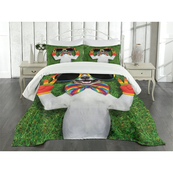 Ambesonne Dog Quilted Bedspread Set 3 Pcs, Gay Dog Peace Sign Pride, King Size, Multicolor