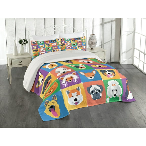 Ambesonne Dog Quilted Coverlet 3 Pcs, Terrier Labrador Breed Pets, King Size, Purple Green