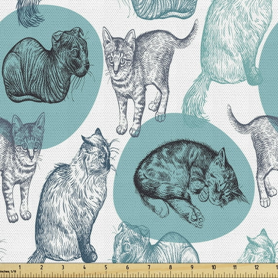 Ambesonne Dog and Cat Fabric by the Yard Upholstery, Pencil Drawn Sketches, 10 Yards, Dark Sky Blue Cadet Blue
