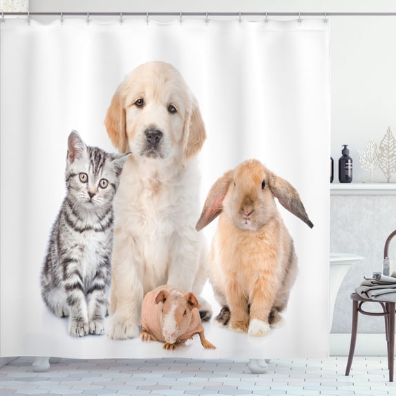 Ambesonne Dog and Cat Shower Curtain, Bunny Piglet Staring, 69"Wx84"L, Pale Peach Taupe