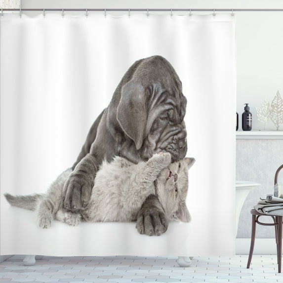 Ambesonne Dog and Cat Shower Curtain, Hugging Cozy Animals, 69"Wx70"L, Dark Taupe Dust
