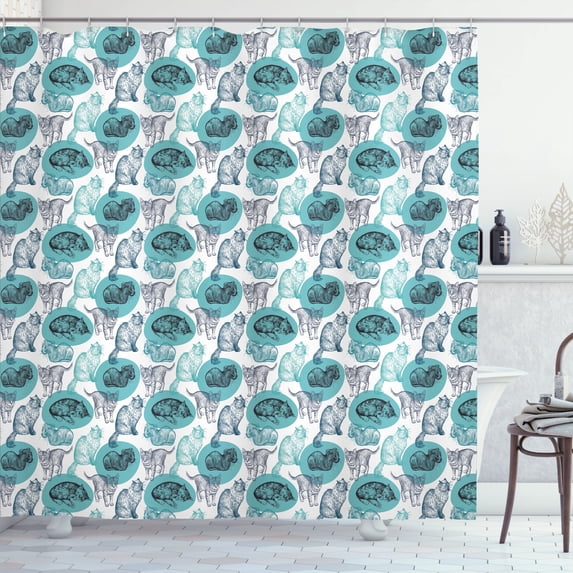 Ambesonne Dog and Cat Shower Curtain, Pencil Drawn Sketches, 69"Wx84"L, Dark Sky Blue Cadet Blue