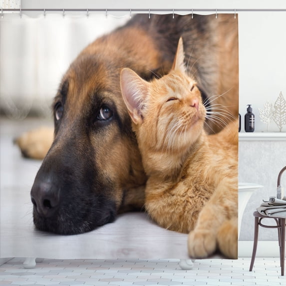 Ambesonne Dog and Cat Shower Curtain, Sleepy Pets Closeup, 69"Wx70"L, Pastel Brown Umber Rust