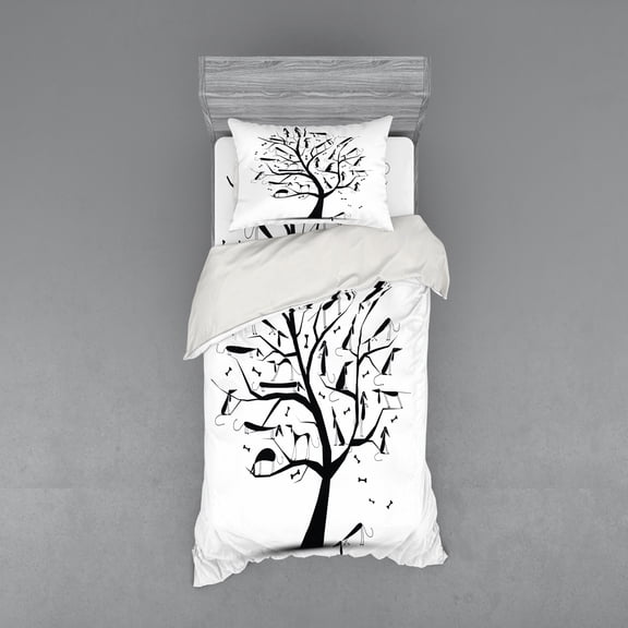 Ambesonne Dogs Bedding Set 3 Pcs, Autumn Tree with Silhouettes, Twin XL, White and Black