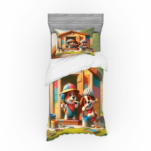 Ambesonne Dogs Bedding Set 3 Pcs, Puppies Painting the Kennel, Twin, Apple Green and Orange