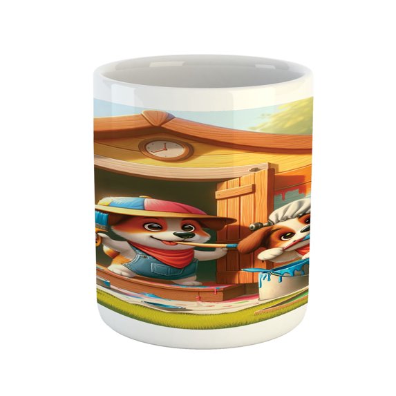 Ambesonne Dogs Ceramic Coffee Mug, Puppies Painting the Kennel, 11 oz, Apple Green and Orange