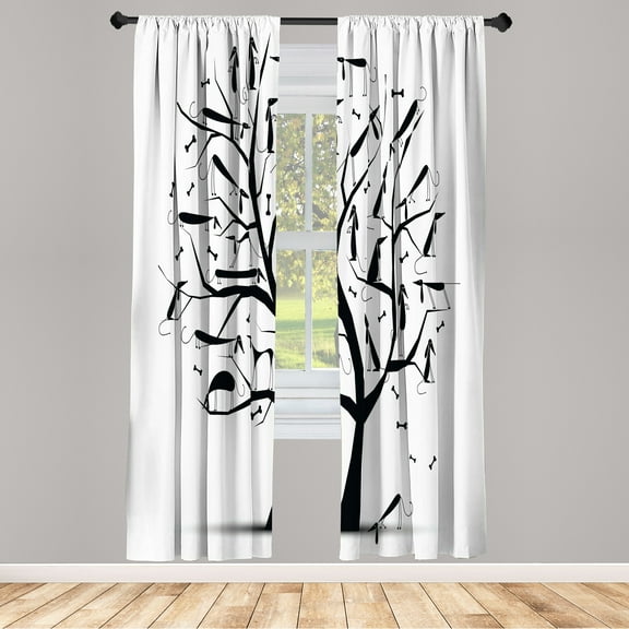 Ambesonne Dogs Curtains, Autumn Tree with Silhouettes, Pair of 28"x95", White and Black