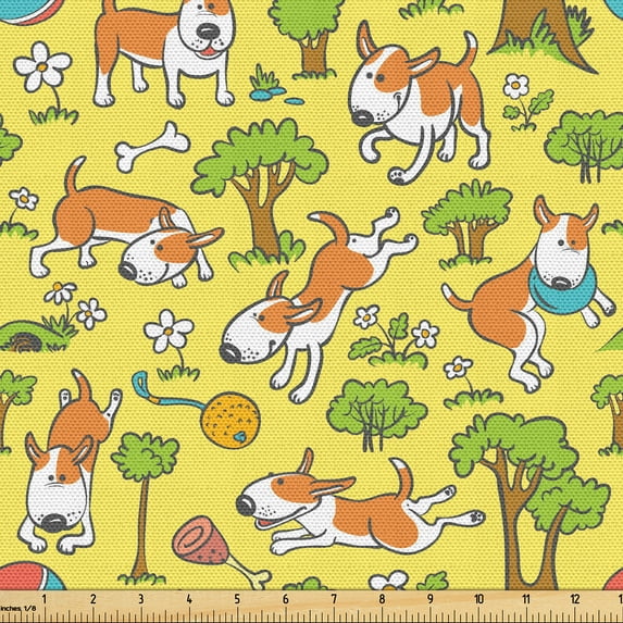 Ambesonne Dogs Fabric by the Yard Upholstery, Cartoon Playful Happy Puppy, 1 Yard, Yellow and Multicolor