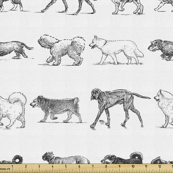 Ambesonne Dogs Fabric by the Yard Upholstery, Sketch Art Different Breeds, 3 Yards, Black and White