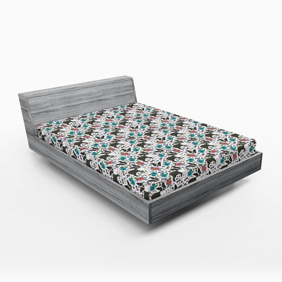 Ambesonne Dogs Fitted Sheet 2 Pcs Set, Boston Terriers and Flowers, Full, Multicolor