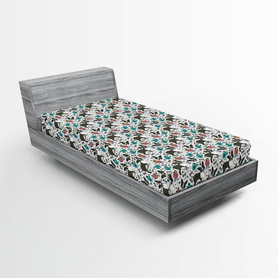 Ambesonne Dogs Fitted Sheet 2 Pcs Set, Boston Terriers and Flowers, Twin, Multicolor