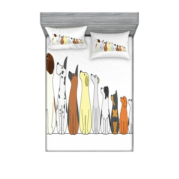 Ambesonne Dogs Fitted Sheet & Pillow Sham Set, Dogs in a Row Looking Away, Calking, Multicolor