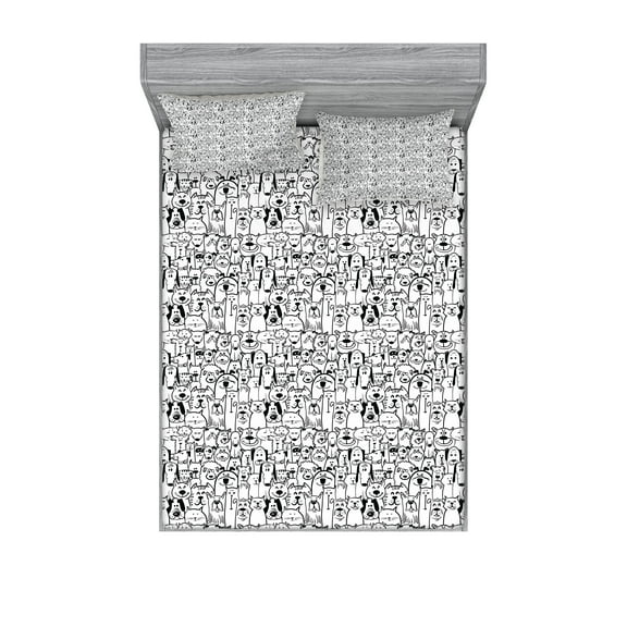 Ambesonne Dogs Fitted Sheet & Pillow Sham Set, Monochrome Doodle Art Animals, Calking, Charcoal Grey and White