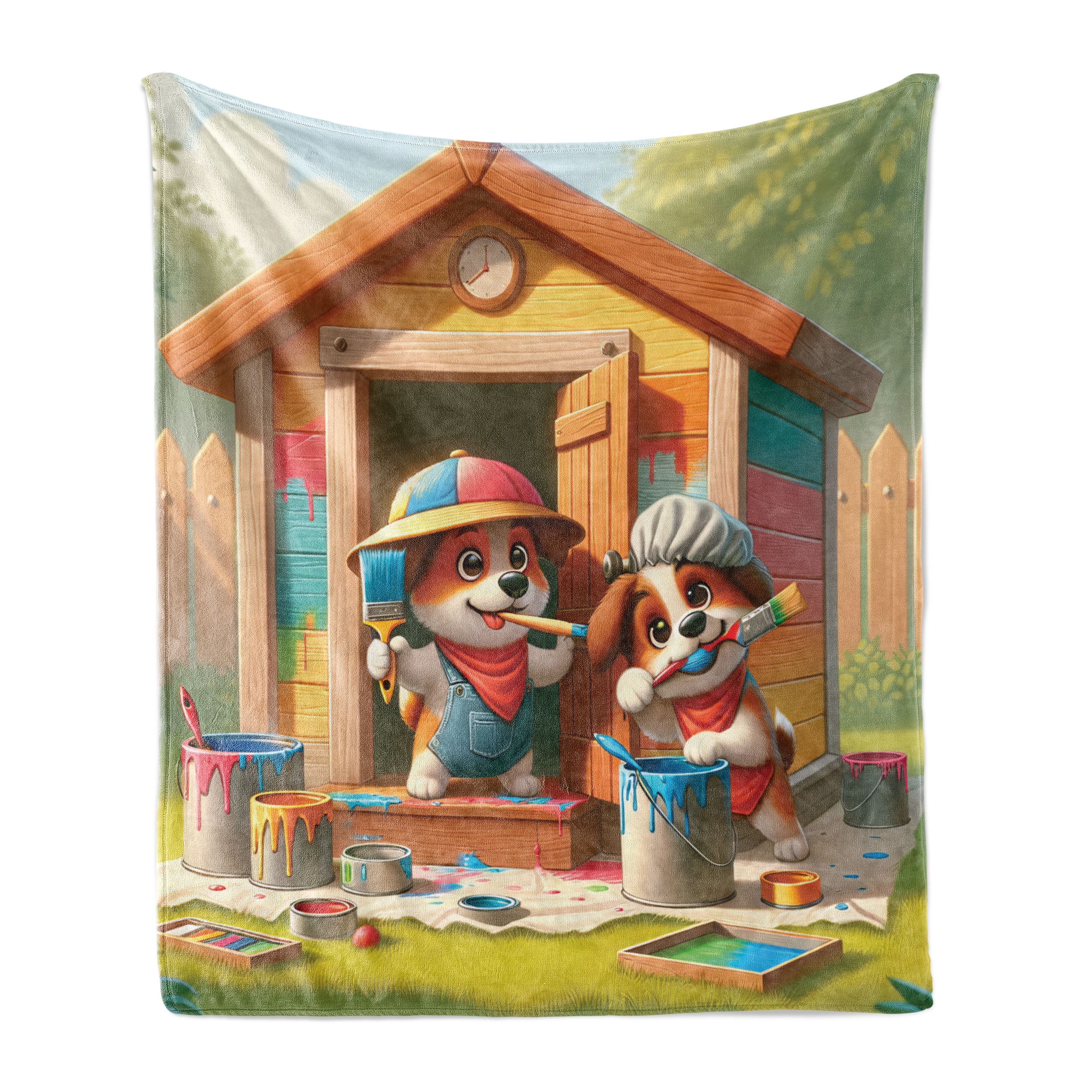 Ambesonne Dogs Fleece Throw Blanket Puppies Painting the Kennel 70"x90