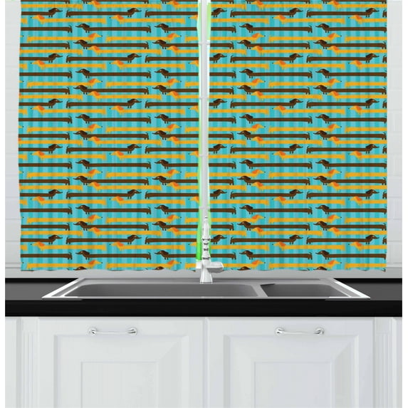 Ambesonne Dogs Kitchen Curtains, Blue Backdrop Dachshund Dogs, 55"x39", Pale Blue Brown