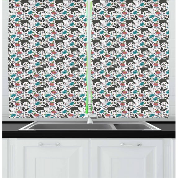 Ambesonne Dogs Kitchen Curtains, Boston Terriers and Flowers, 55"x39", Multicolor