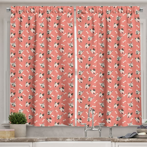 Ambesonne Dogs Kitchen Curtains, Bull Terrier Faces and Bones, 55"x39", Coral Off White
