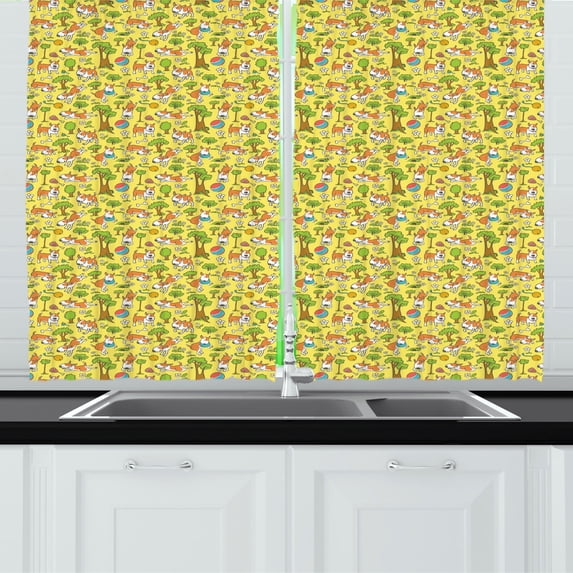 Ambesonne Dogs Kitchen Curtains, Cartoon Playful Happy Puppy, 55"x45", Yellow and Multicolor