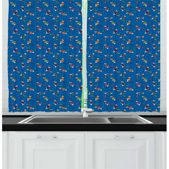 Ambesonne Dogs Kitchen Curtains, Christmas Time Dogs with Sleds, 55"x39", Multicolor