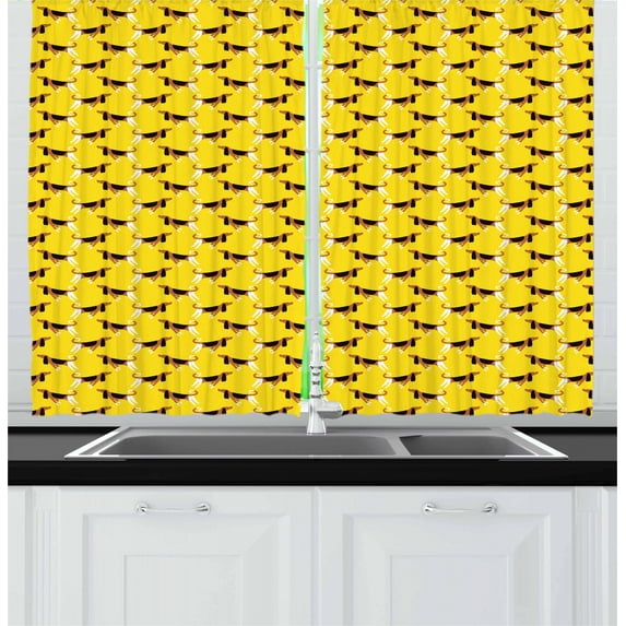 Ambesonne Dogs Kitchen Curtains, Fun Pet Characters on Yellow, 55"x39", Yellow Pale Brown Black