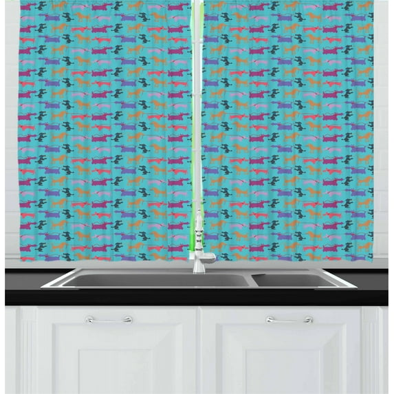Ambesonne Dogs Kitchen Curtains, Funny Dogs with Their Leashes, 55"x39", Multicolor