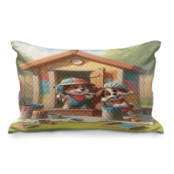 Ambesonne Dogs Quilted Pillowcover, Puppies Painting the Kennel, 30" x 20", Apple Green and Orange