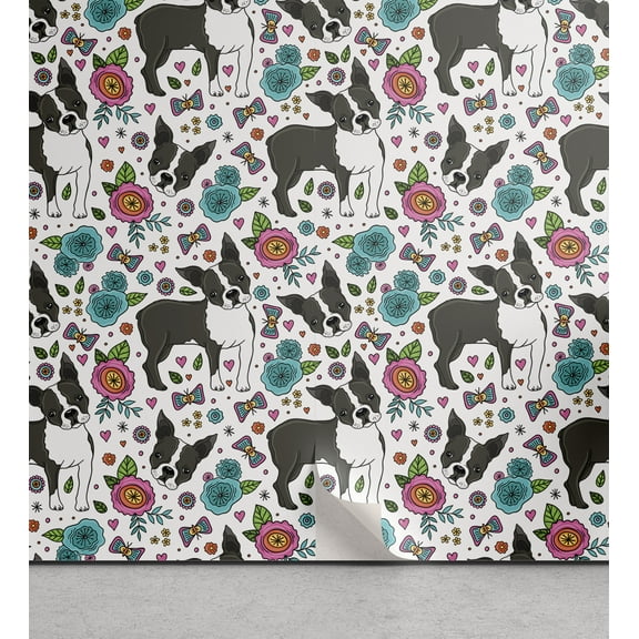 Ambesonne Dogs Peel & Stick Wallpaper for Home, Boston Terriers and Flowers, 13"x100", Multicolor