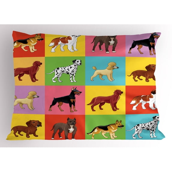 Ambesonne Dogs Pillow Sham, Different Breeds Animal Lover, 26" X 20", Multicolor