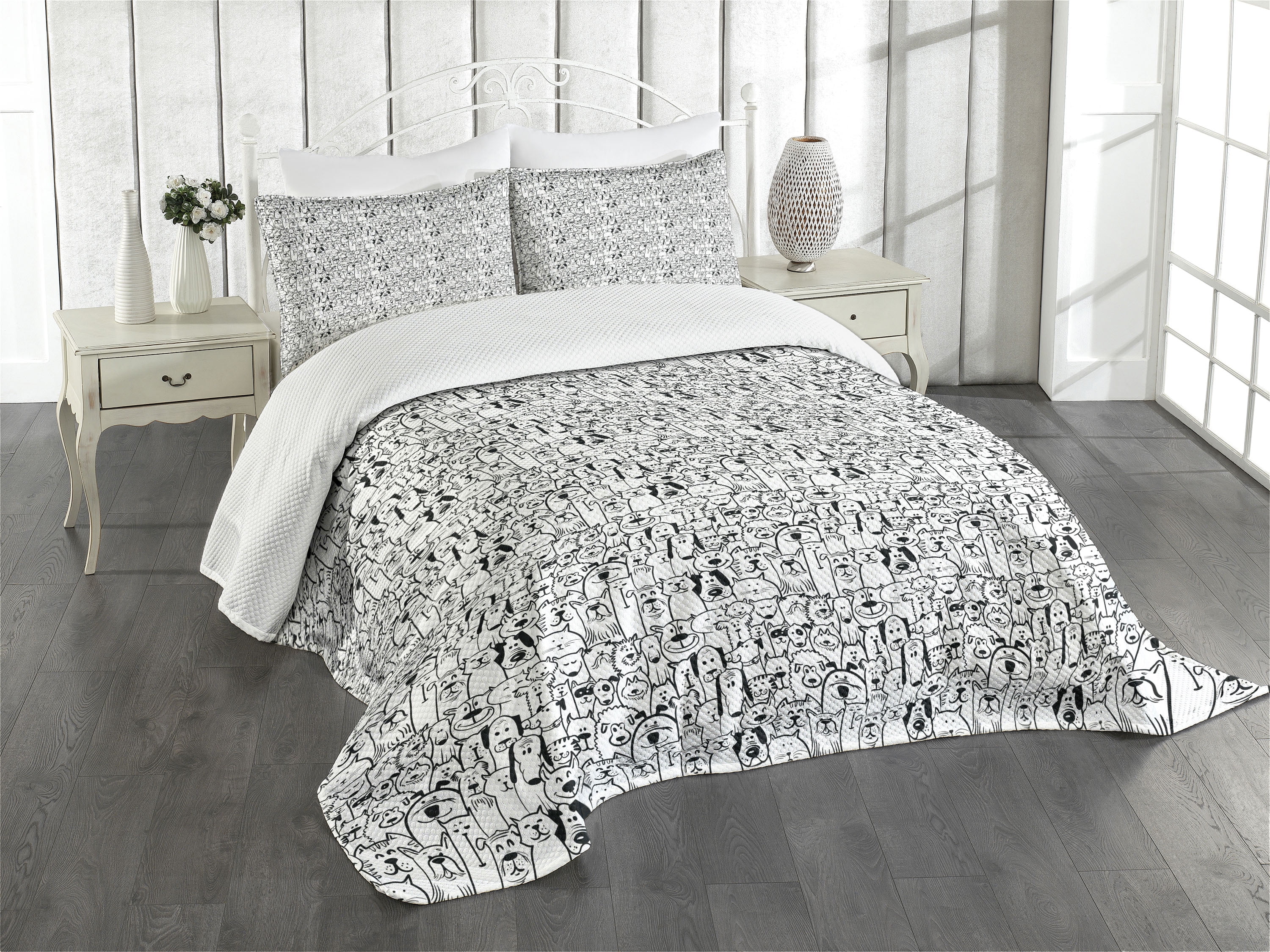 Ambesonne Ambesonne Dogs Bedspread Set Monochrome Doodle Art Animals Charcoal Grey and White