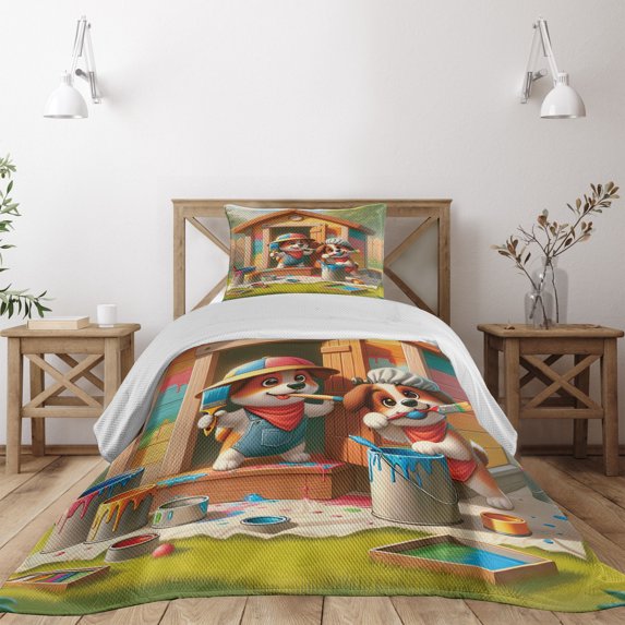 Ambesonne Dogs Quilted Coverlet 2 Pcs, Puppies Painting the Kennel, Twin Size, Apple Green and Orange