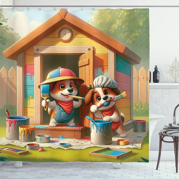 Ambesonne Dogs Shower Curtain, Puppies Painting the Kennel, 69"Wx70"L, Apple Green and Orange