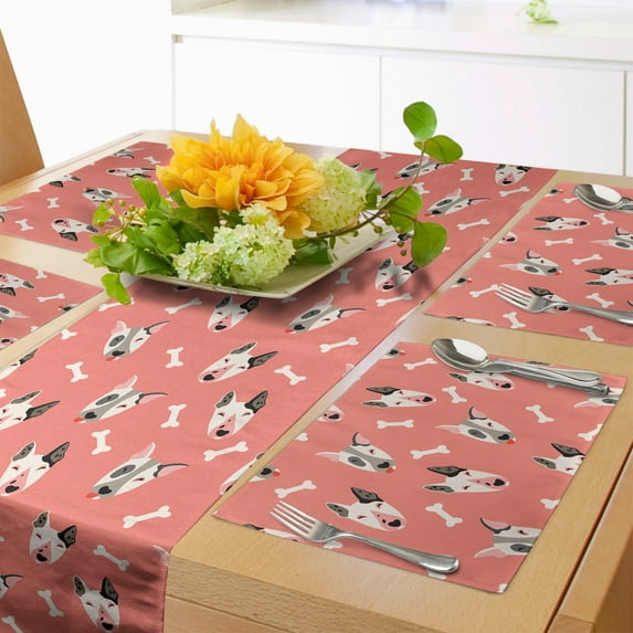 Ambesonne Dogs Table Runner & Placemats, Bull Terrier Faces and Bones, Placemat 4 pcs + Runner 16"x90", Coral Off White
