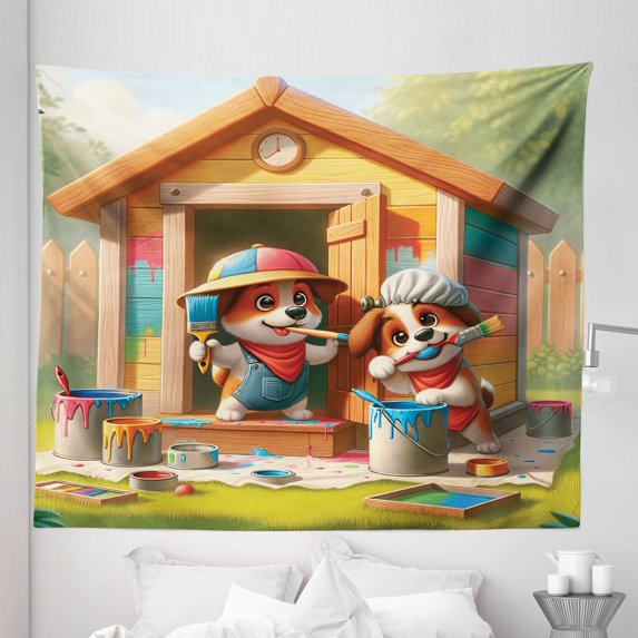 Ambesonne Dogs Tapestry King Size, Puppies Painting the Kennel, 104"x88", Apple Green and Orange