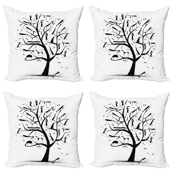 Ambesonne Dogs Throw Pillow Cover 4 Pack, Autumn Tree with Silhouettes, 16", White and Black