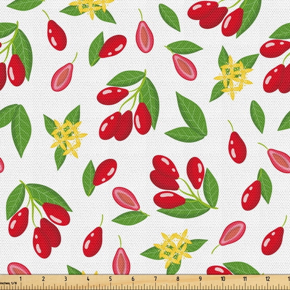 Ambesonne Dogwood Fabric by the Yard Upholstery, Cornel Fruits Flowers Art, 5 Yards, Dark Pink and Hunter Green
