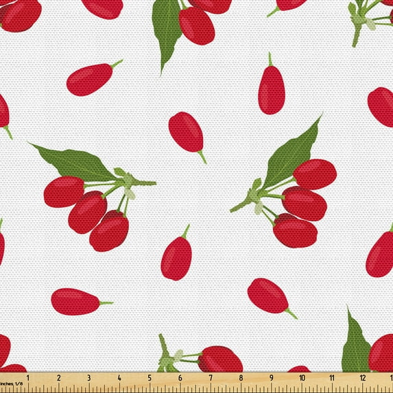 Ambesonne Dogwood Fabric by the Yard Upholstery, Leaves and Red Berries Art, 5 Yards, Dark Pink and Olive Green