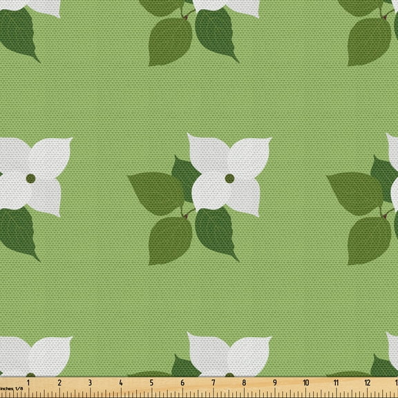 Ambesonne Dogwood Fabric by the Yard Upholstery, Repeating Abstract Flowers, 5 Yards, Peacock Green White