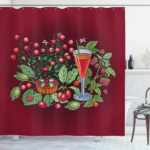 Ambesonne Dogwood Shower Curtain, Berries Sweets Cocktail Art, 69"Wx70"L, Dark Fuchsia Fawn and Green