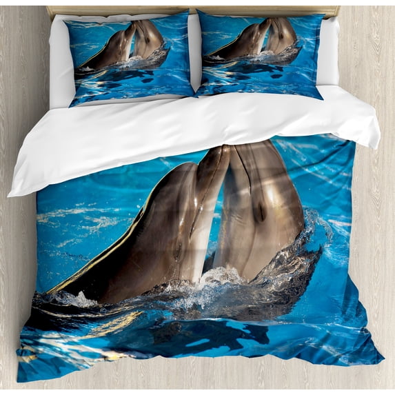 Ambesonne Dolphin Duvet Cover Sets, Aqua Show Photography, 2-Queen, Blue Dark Taupe
