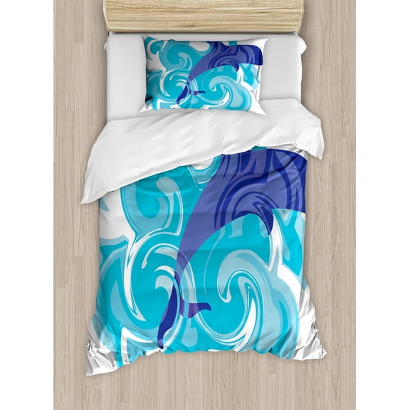 Ambesonne Dolphin Duvet Cover Sets, Waves Aqua Life Nature, 2-Twin, Violet Blue Sky Blue