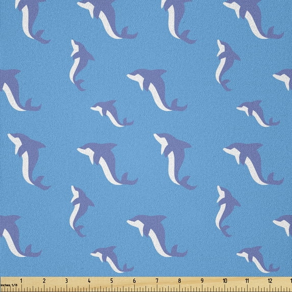 Ambesonne Dolphin Fabric by the Yard Microfiber, Repetitive Irregular Fish, 10 Yards, Sea Blue Ceil Blue