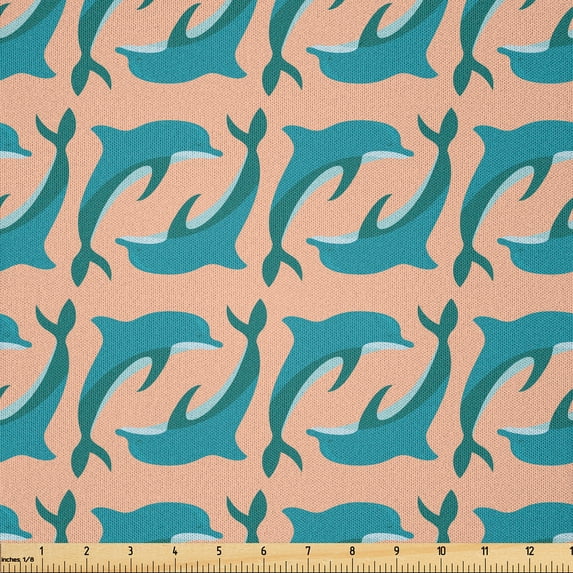 Ambesonne Dolphin Fabric by the Yard Microfiber, Sea Animals Pattern Art, 3 Yards, Dark Turquoise Peach
