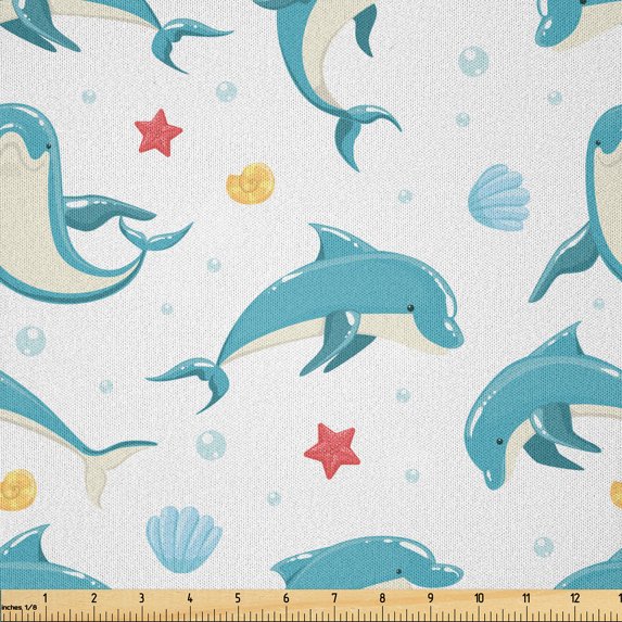 Ambesonne Dolphin Fabric by the Yard Microfiber, Sea Animals Starfishes Art, 2 Yards, Cadet Blue Dark Salmon
