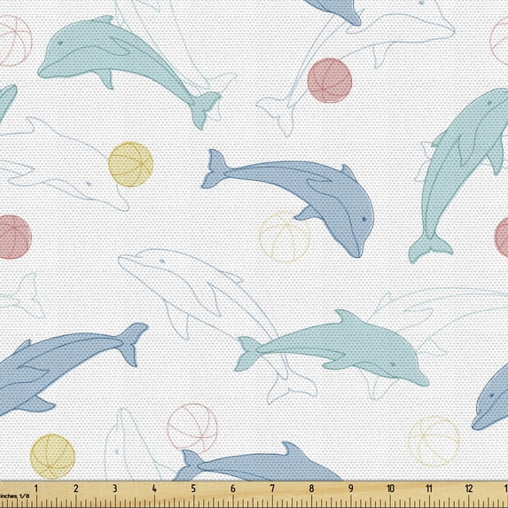 Ambesonne Dolphin Fabric by the Yard Upholstery, Playful Big Fish with Balls, 3 Yards, Multicolor