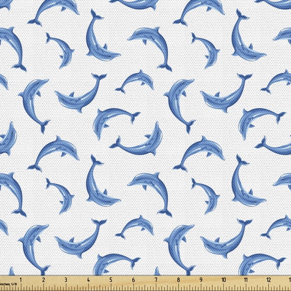 Ambesonne Dolphin Fabric by the Yard Upholstery, Wildlife Under the Sea, 10 Yards, Blue White