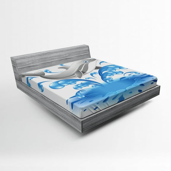Ambesonne Dolphin Fitted Sheet, Animal Sealife Cartoon, Queen Size, Blue Grey