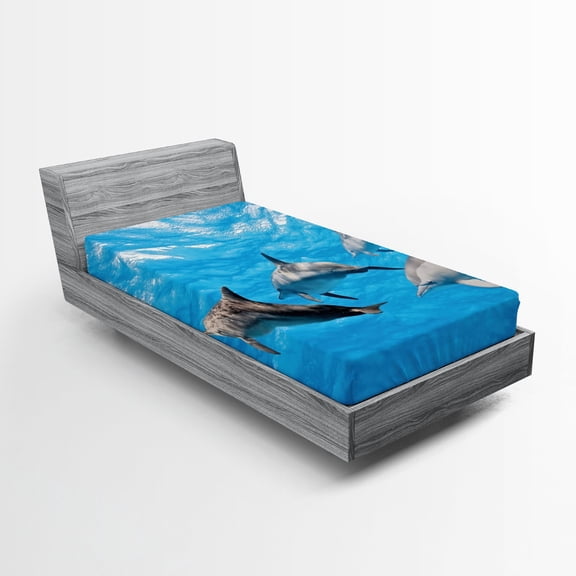 Ambesonne Dolphin Fitted Sheet, Happily Swimming Fish, Twin Size, Blue Grey