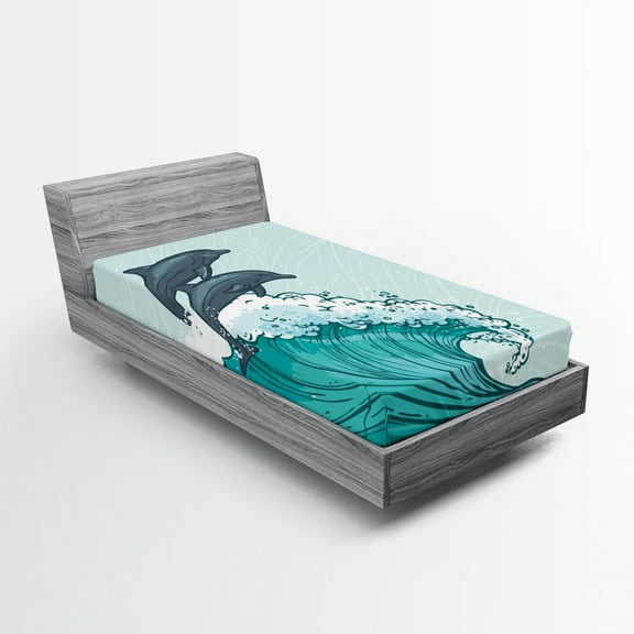 Ambesonne Dolphin Fitted Sheet, Sea Waves Sketch Art, Twin XL Size, Charcoal Grey Mint Teal